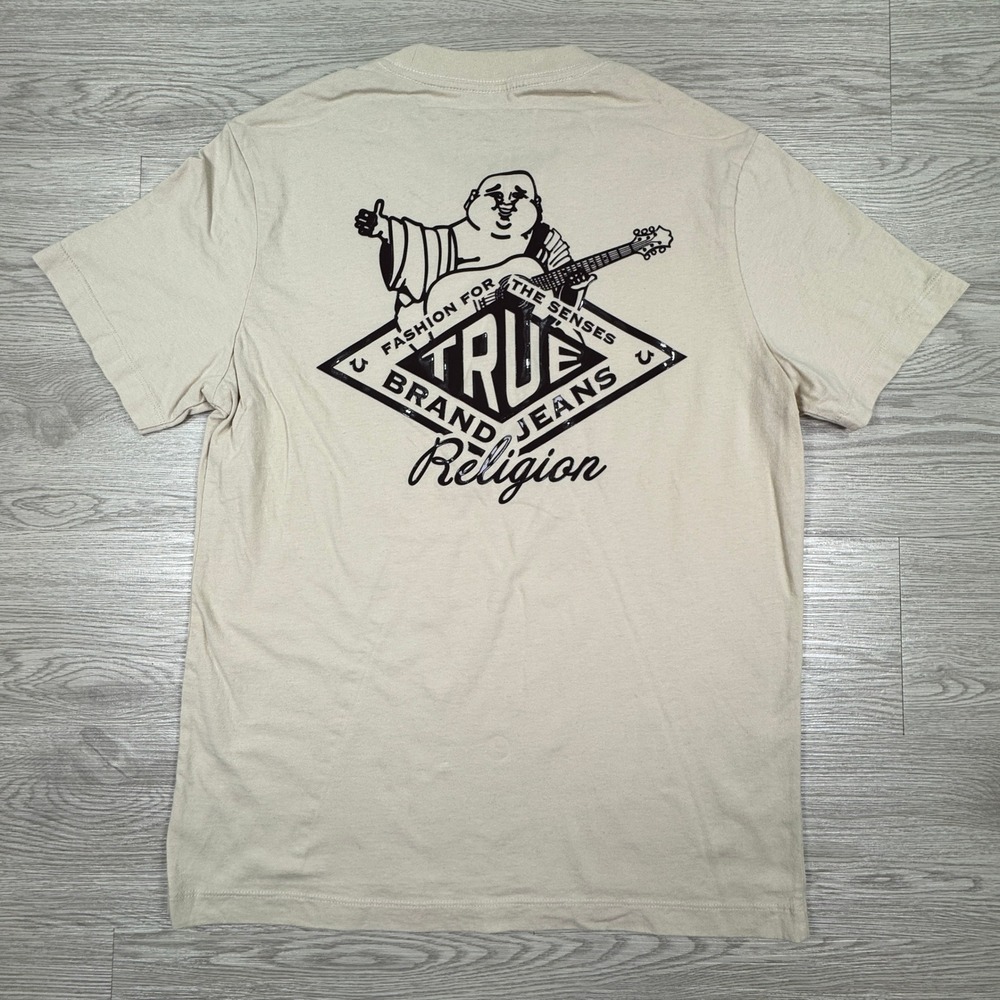 True Religion Mens T Shirt Buddha Guitar Graphic Logo Beige Small Short Sleeve